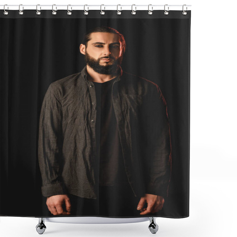 Personality  Bearded Muslim Man Looking At Camera Isolated On Black  Shower Curtains