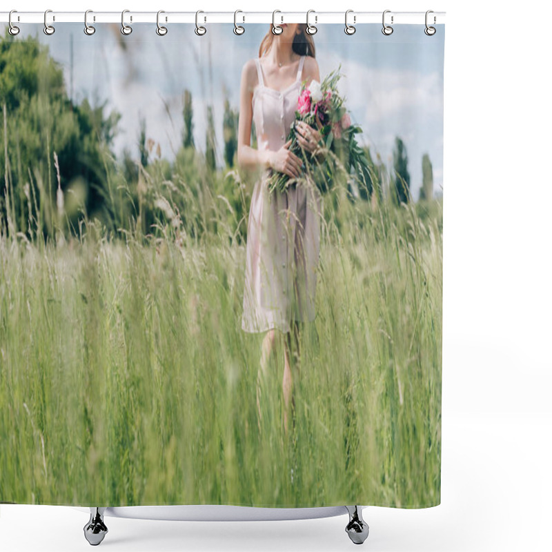 Personality  Cropped Shot Of Woman Holding Bouquet Of Flowers While Standing In Field Alone Shower Curtains