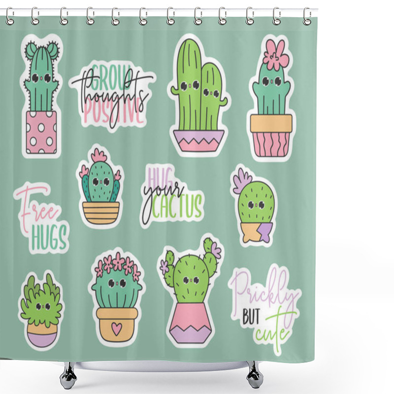 Personality  Cute Vector Stickers Pack Of Kawaii Doodles Cactus In Pots. Baby Cacti Kids Illustration In Cartoon Style. Succulents Gardening Homeplants. Shower Curtains