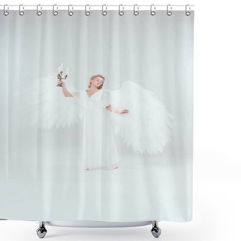 Personality  Beautiful Woman In Angel Costume With Wings Holding Candelabrum With Candles Isolated On White Shower Curtains