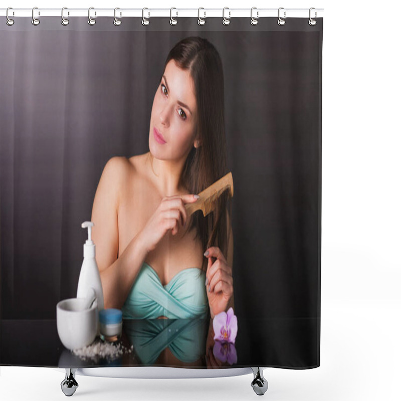 Personality  Pretty Young Woman With Cosmetics Shower Curtains