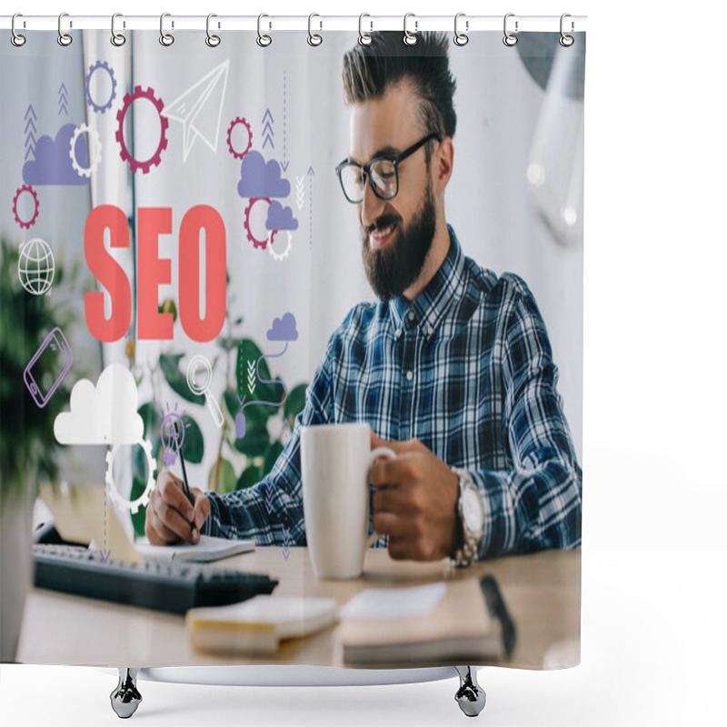 Personality  Successful Seo Manager With Cup Of Coffee And Computer Writing Notes At Workplace With SEO Icons Shower Curtains