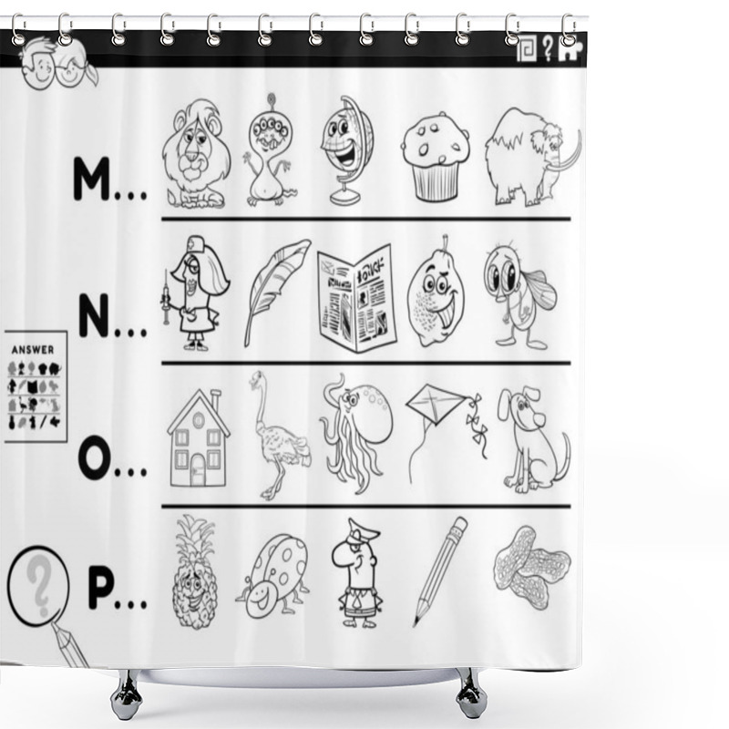 Personality  Black And White Cartoon Illustration Of Finding Pictures Starting With Referred Letter Educational Task Worksheet For Preschool Or Elementary School Kids With Funny Characters Coloring Book Page Shower Curtains