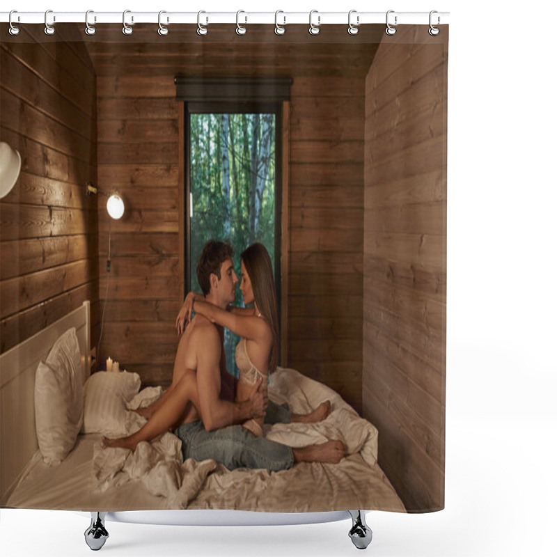 Personality  Side View Of Sexy Couple Embracing While Sitting On Bed Near Candles In Wooden Vacation House Shower Curtains