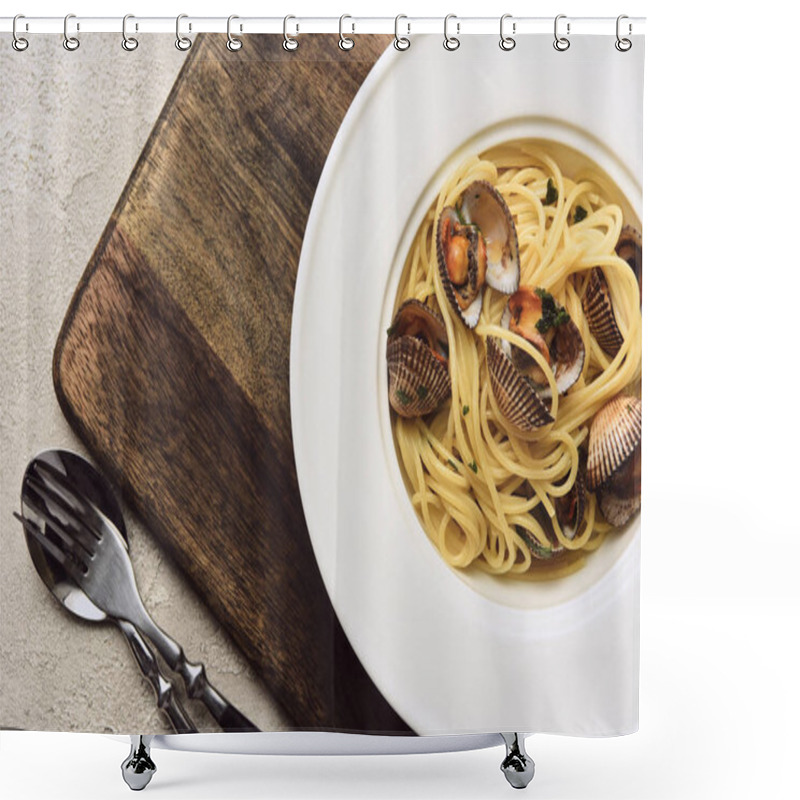 Personality  Close Up View Of Delicious Pasta With Mollusks On Wooden Cutting Board On White Background Shower Curtains