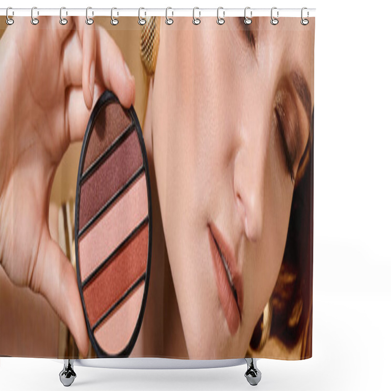 Personality  Banner Of Cropped Woman Holding Eye Shadow Palette Near Face On Beige Background, Makeup Concept Shower Curtains