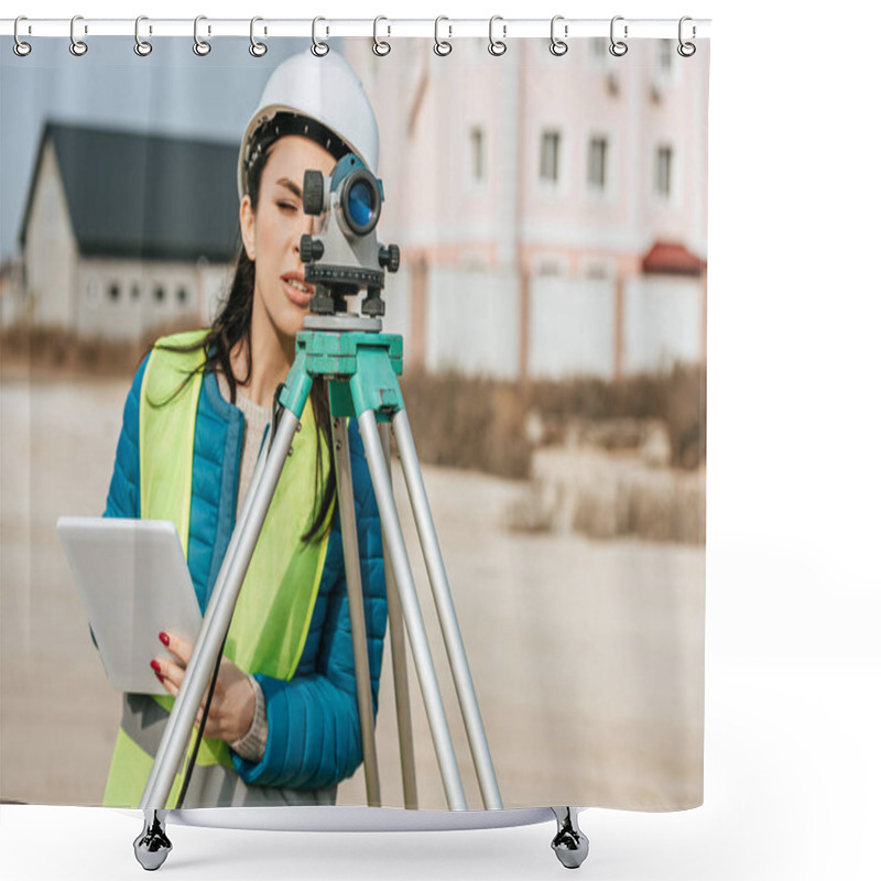 Personality  Female Surveyor With Digital Tablet Looking Through Measuring Level Shower Curtains