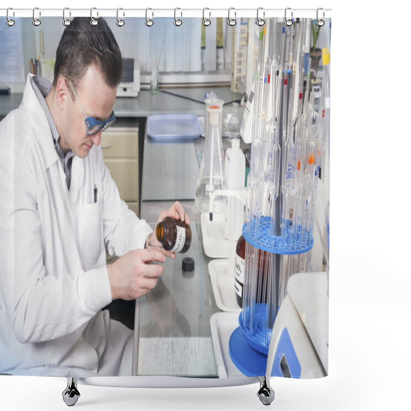 Personality  Laboratory Assistant Pours Liquid From A Bottle With Sodium Oxalate Shower Curtains