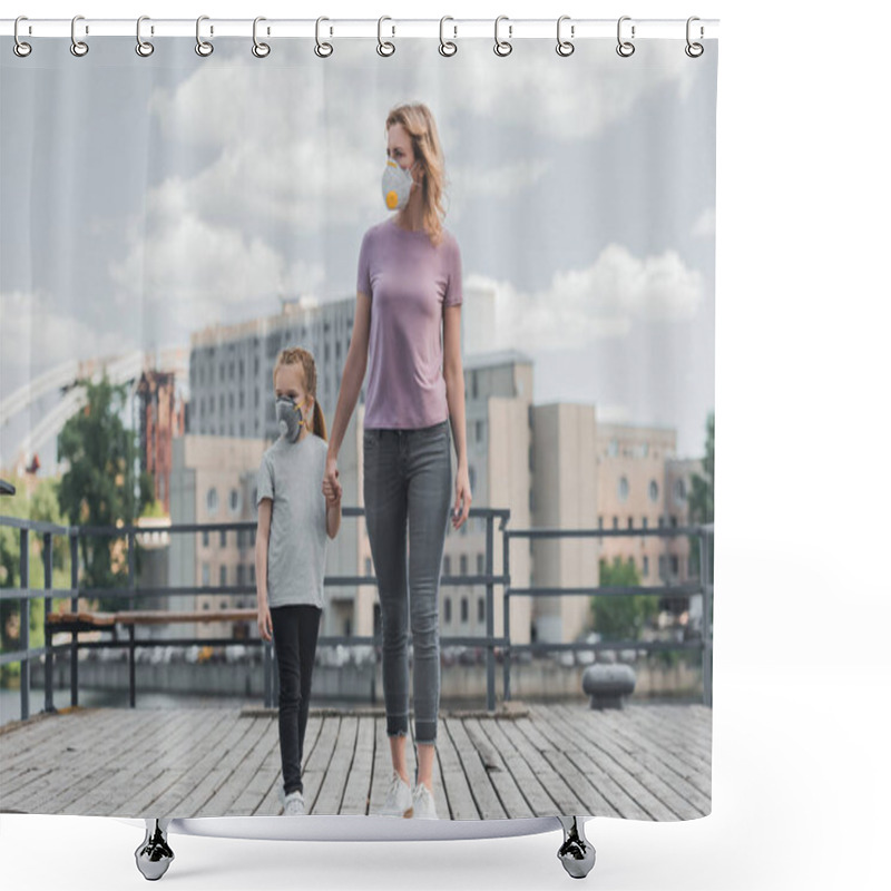 Personality  Mother And Daughter In Protective Masks Holding Hands On Pier And Looking Away, Air Pollution Concept Shower Curtains