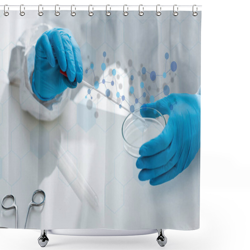 Personality  Cropped View Of Scientist Doing Dna Test And Sitting Near Illustration  Shower Curtains