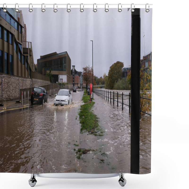 Personality  Cars Pass Through Flood Water As The River Wear Burst Its Banks And Floods At River Wear, Durham, United Kingdom, 29th October 2023 Shower Curtains