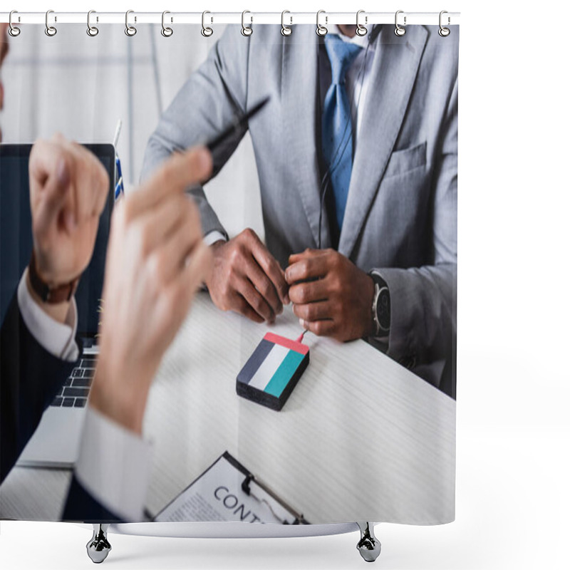 Personality  Cropped View Of Translator Pointing With Pen Near African American Businessman On Blurred Foreground Shower Curtains