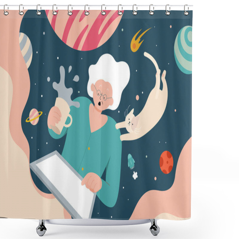 Personality  Mid Autumn Festival Card Design With The Rabbit Character. Flat Illustration Of Jade Rabbit Holding Mooncake And Sitting Leaf On Lotus Pond At Night Shower Curtains