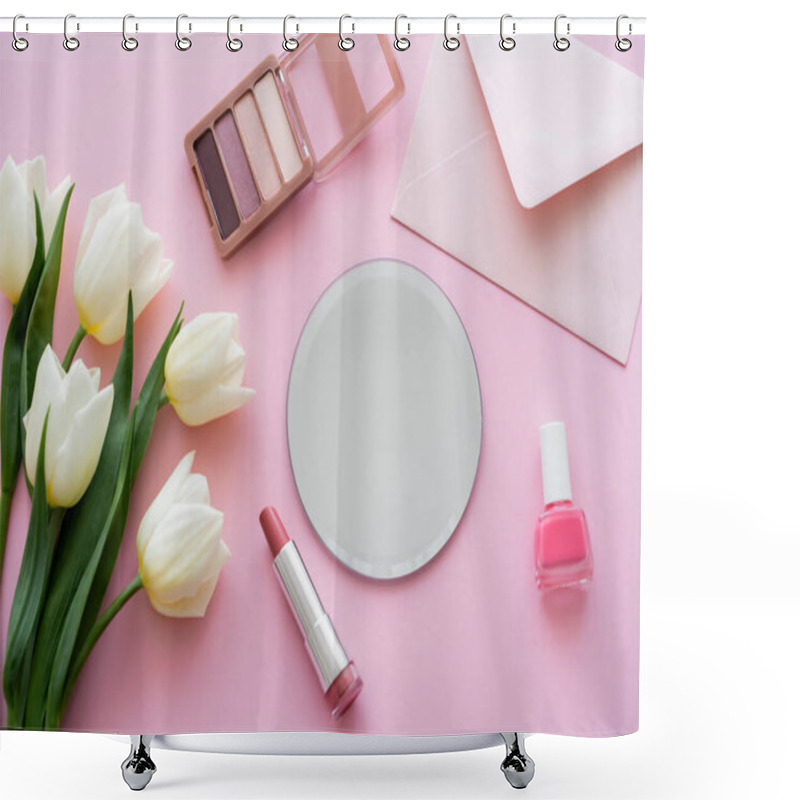 Personality  Top View Of White Tulips Near Envelope And Decorative Cosmetics On Pink Shower Curtains