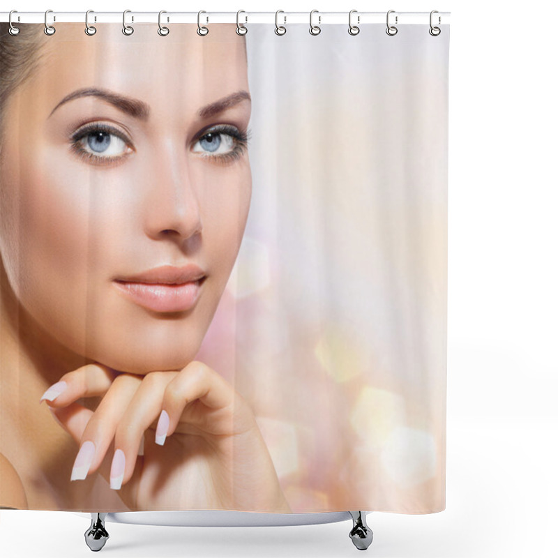 Personality  Beauty Portrait. Beautiful Spa Woman Touching Her Face Shower Curtains