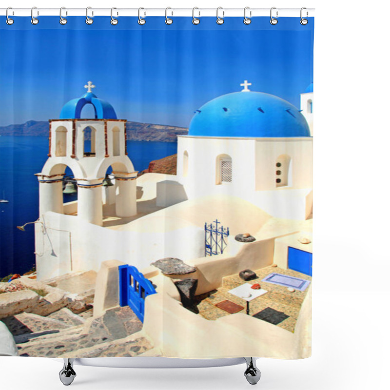 Personality  White And Blue Orthodox Church In The Village Of Oia, Santorini  Shower Curtains