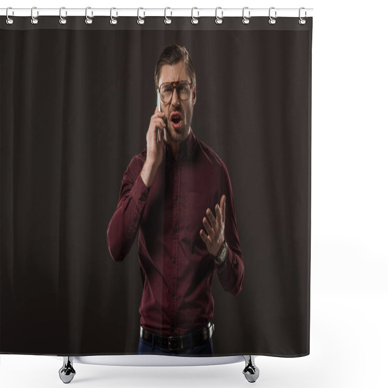 Personality  Angry Man In Eyeglasses Talking By Smartphone Isolated On Black Shower Curtains