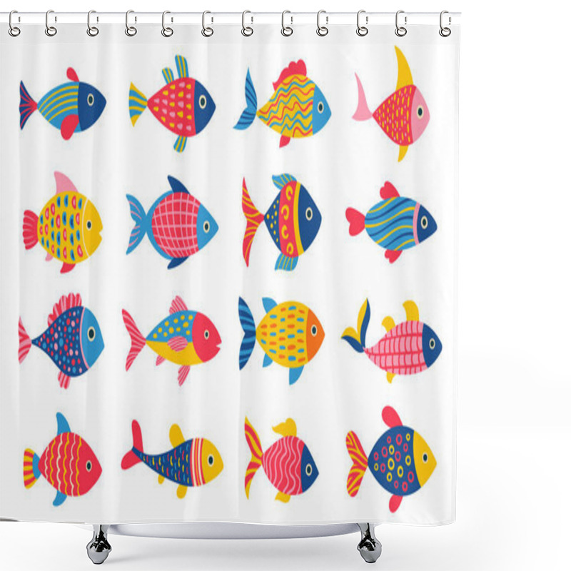 Personality  Sea Fish Abstract Cartoon Fantasy Set. Stylized Cute Fish With Hand Drawn Ornament. Childish Exotic Design Abstract Naive Art. Tuna Salmon Or Aquarium Fishes. Flat Design Isolated Vector Illustration Shower Curtains