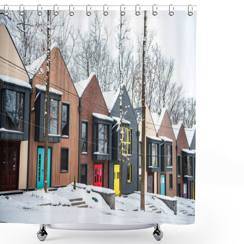 Personality  Fancy Modern Buildings In Cold Winter With Snow On Roofs Shower Curtains