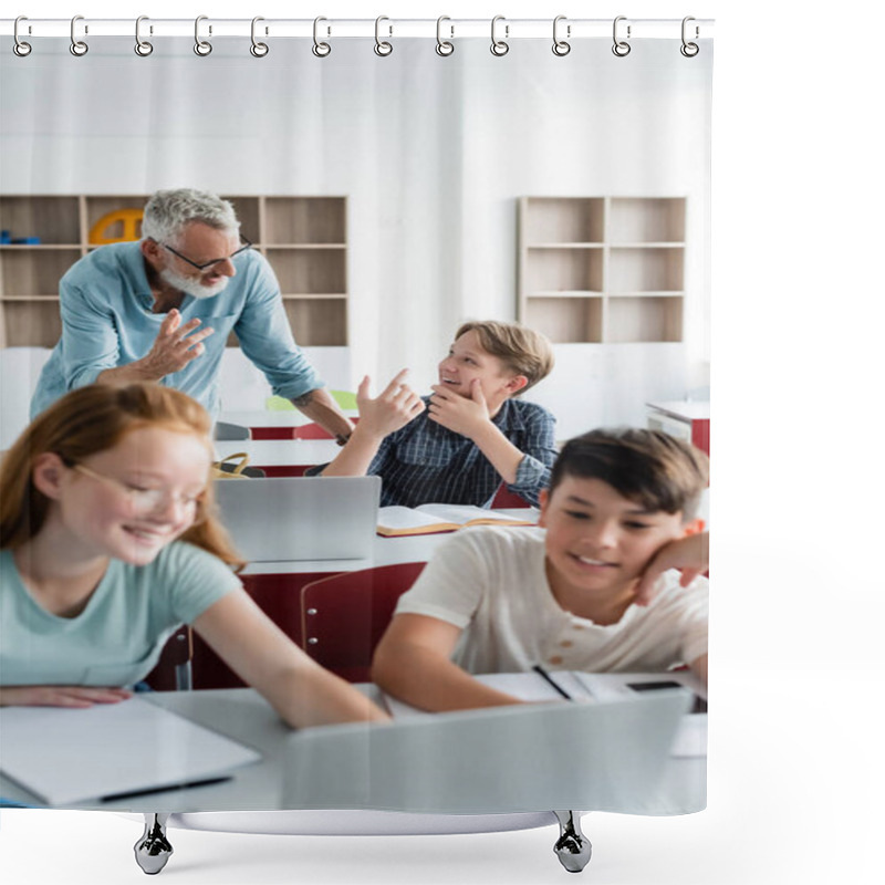 Personality  Cheerful Teacher And Schoolboy Talking Near Multiethnic Classmates  Shower Curtains