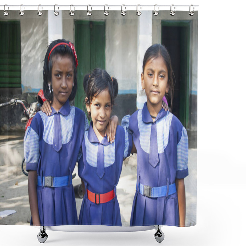 Personality  Indian Rural School Girls Students Showing V Sign Shower Curtains