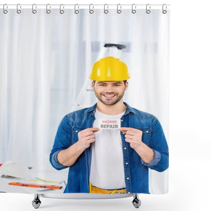 Personality  Smiling Handsome Man Holding Home Repair Card   Shower Curtains