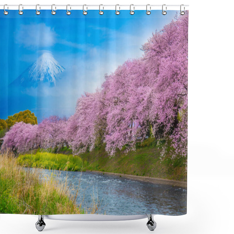 Personality  Beautiful Blooming Cherry Blossoms Or Sakura With Mount Fuji In The Background And A Urui River In The Foreground Is A Popular Tourist Spot Landmark In Fuji City, Shizuoka Japan. Shower Curtains