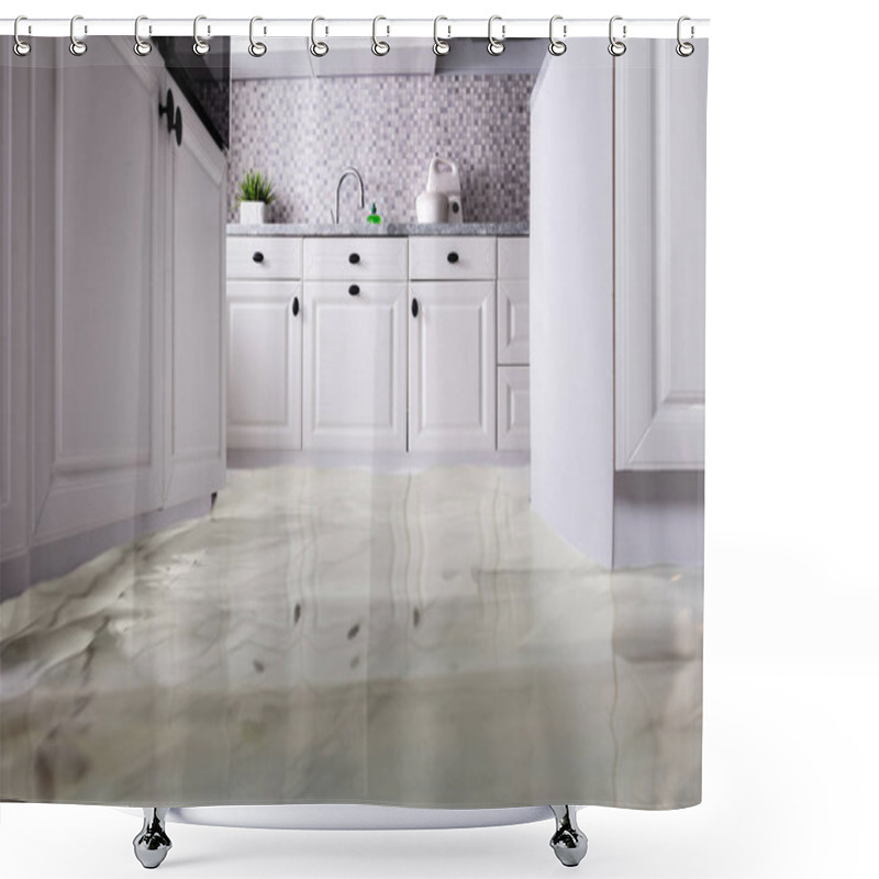 Personality  Close-up Of Flooded Floor In Kitchen From Water Leak Shower Curtains