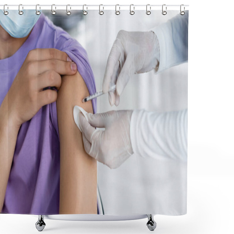 Personality  Partial View Of Nurse In Latex Gloves Giving Vaccine Injection To Man Shower Curtains