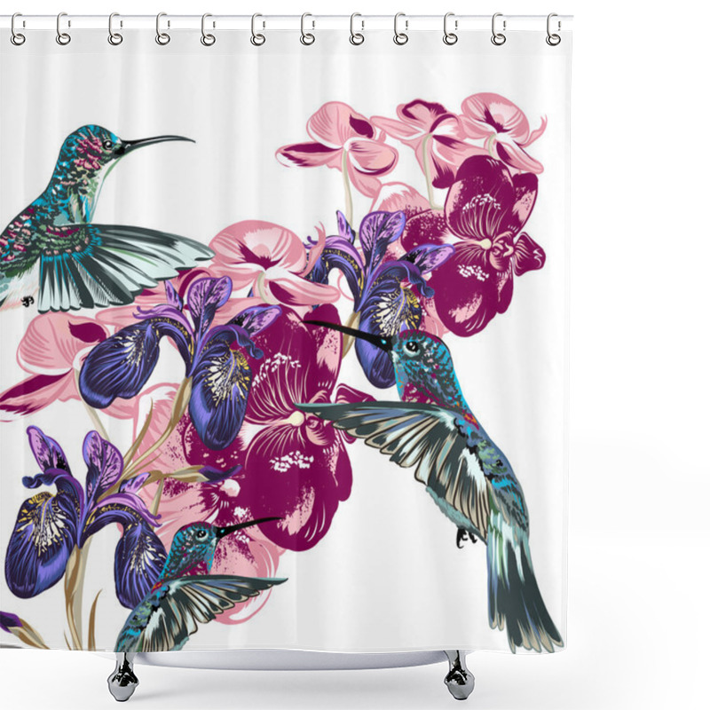 Personality  Flower Pattern With Hummingbirds, Orchids And Irises Shower Curtains