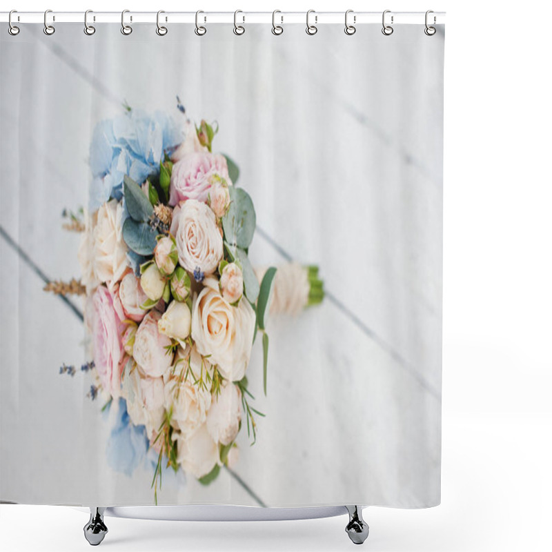 Personality  Amazing Wedding Bouquet Made Of Roses, Hydrangeas And Lavender L Shower Curtains