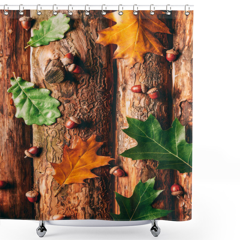 Personality  Flat Lay With Acorns And Fallen Oak Leaves On Wooden Background Shower Curtains