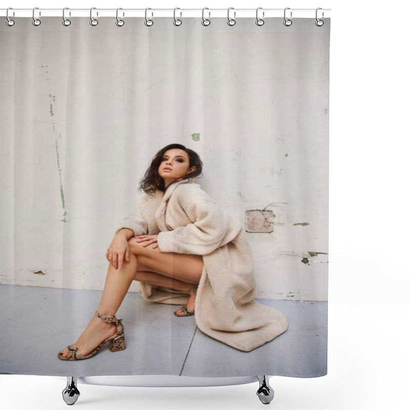 Personality  A Brunette Woman Poses In A White Teddy Coat And Snakeskin Heels Against A Plain White Background. Shower Curtains