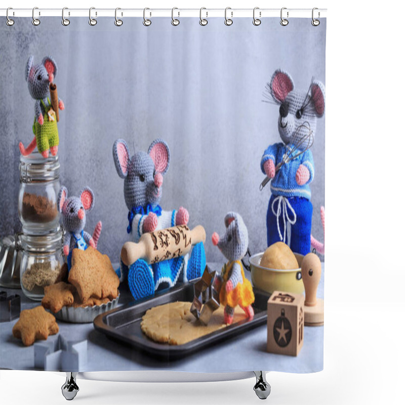 Personality  Knitted Mouse Family Is Cooking Cookies. Year Of Rat. Symbol Of 2020. Shower Curtains