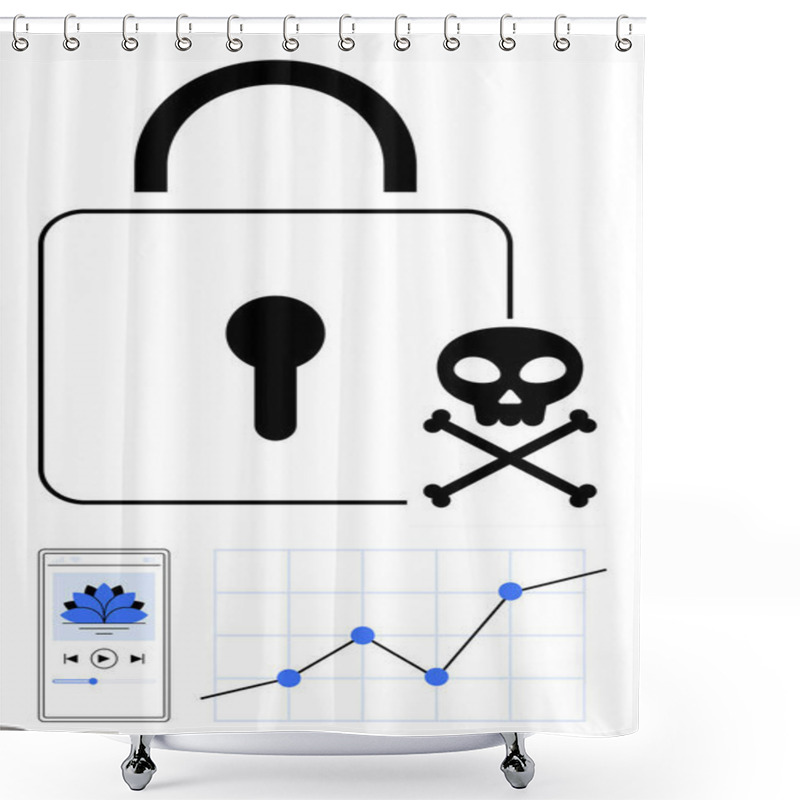 Personality  Padlock And Skull Icon Highlight Cybersecurity Threats. Graph And Media Icons Suggest Data Impact And Risks. Ideal For Cyber Awareness, Digital Security, Analytics, Malware, Data Breaches, Tech Shower Curtains