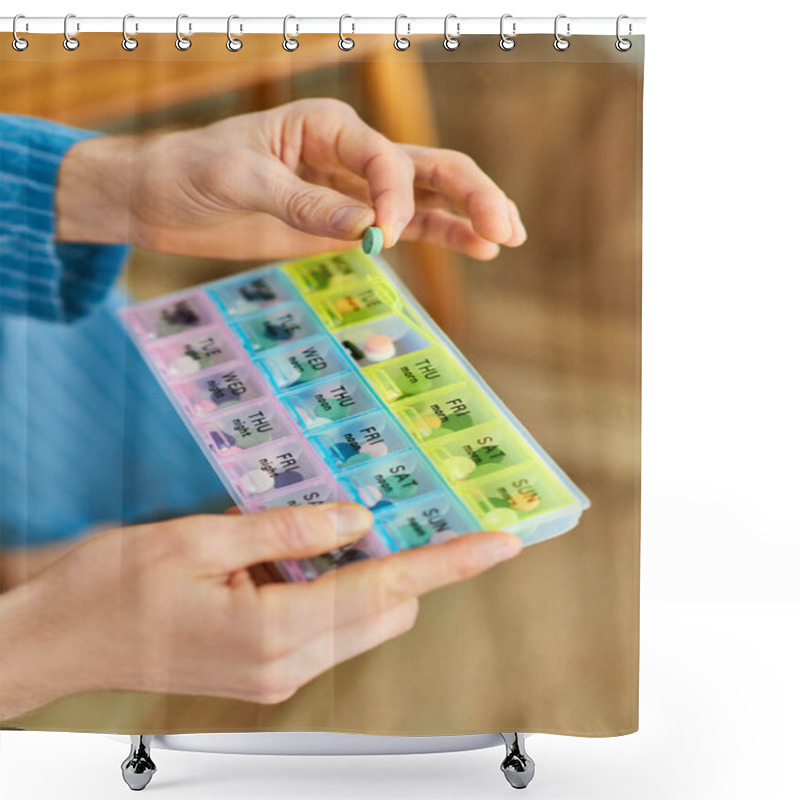 Personality  A Person Holding A Pill Box Filled With Numerous Pills. Shower Curtains