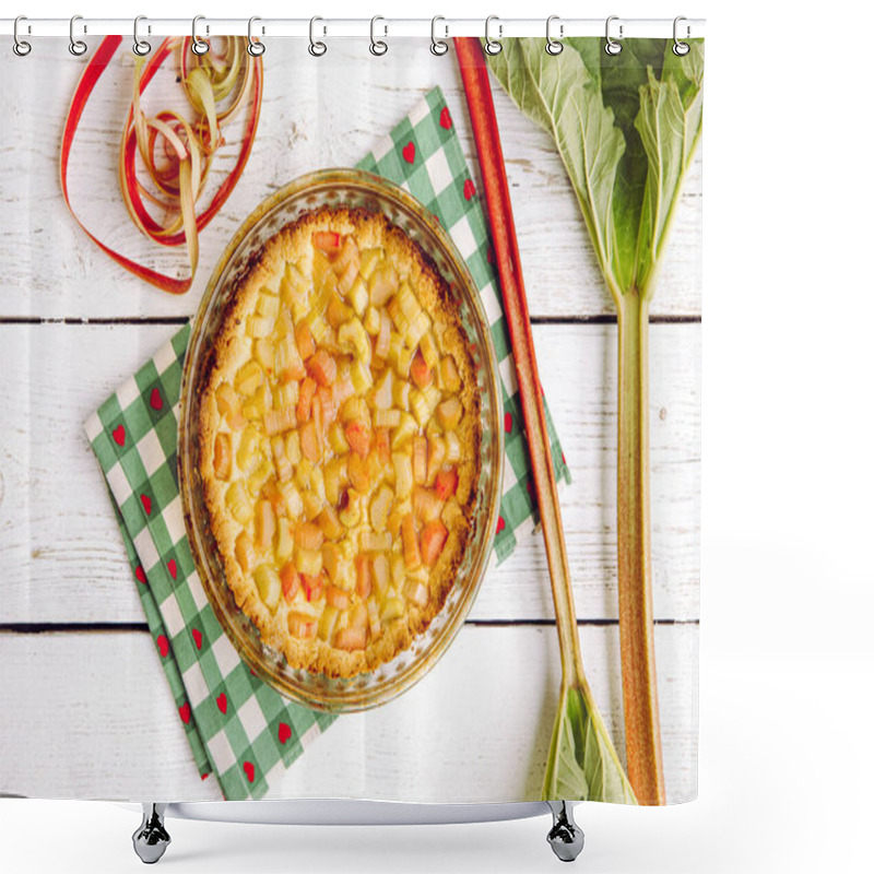 Personality  Above View Of Homemade Round Baked Rhubarb ( Rheum Hybridum ) Pie White Rustic Wood Table Background. Rhubarb Stalks On Side. Seasonal Spring Dessert. Shower Curtains