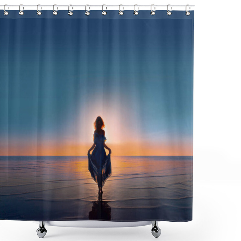 Personality  Stylish Young Woman Posing At Majestic Nature Background Shower Curtains