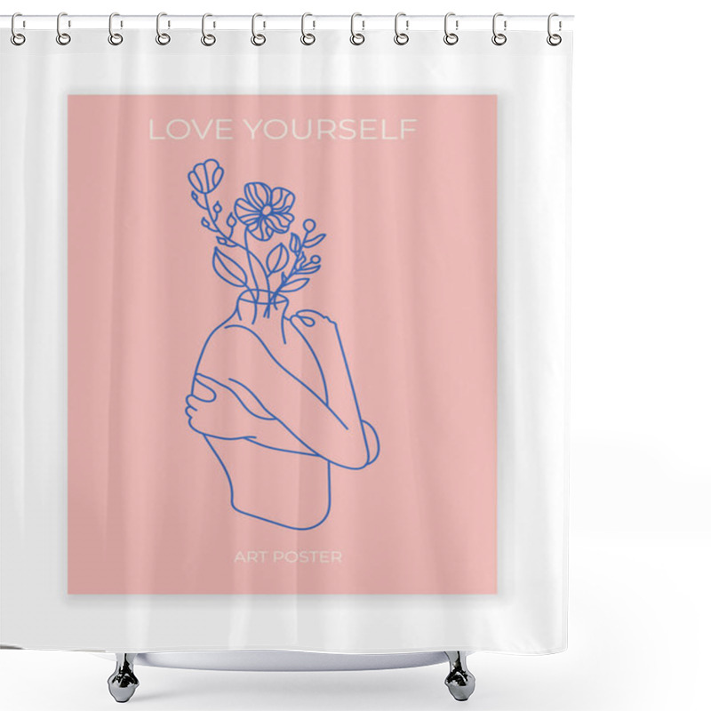 Personality  Love Yourself Poster. Woman Hugging Herself With Hearts On Pink Background. Love Your Body Concept. Vector Line Illustration Shower Curtains