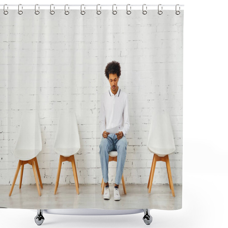 Personality  Man Surrounded By White Chairs In An Artistic Display Of Solitude. Shower Curtains