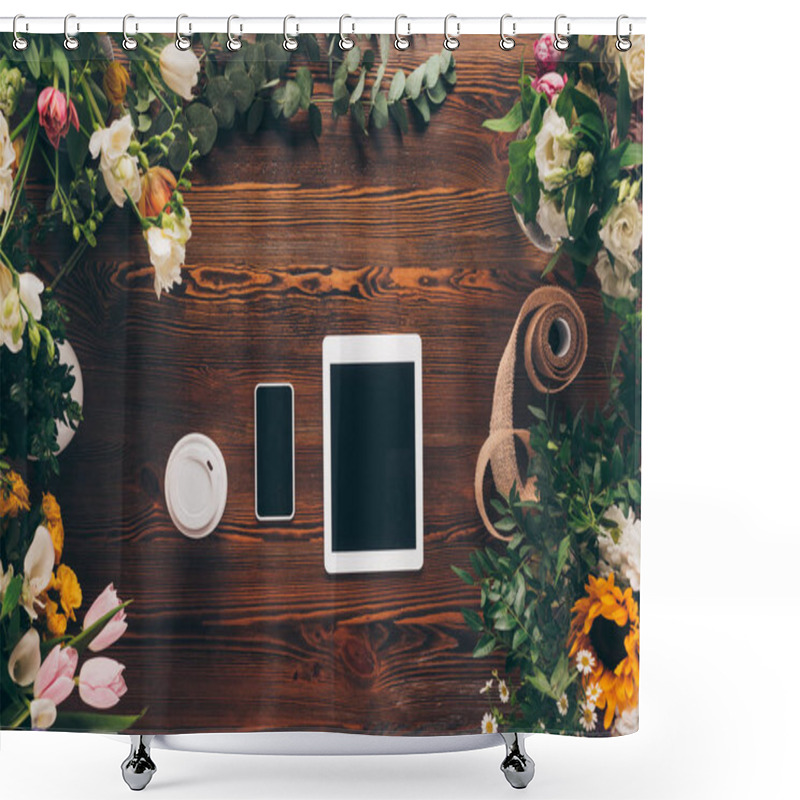 Personality  Top View Of Coffee In Paper Cup, Smartphone And Tablet On Table With Flowers Shower Curtains