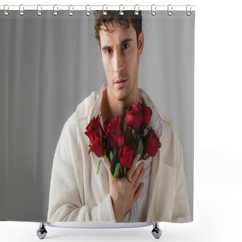 Personality  Front View Of Man In White Trendy Clothes Looking At Camera While Standing With Bouquet Of Red Roses Isolated On Grey Shower Curtains