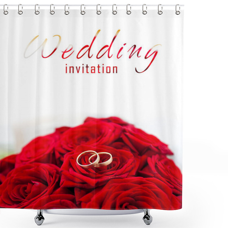 Personality  Wedding Rings On Red Roses Wedding Bouquet Shower Curtains