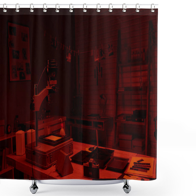 Personality  Darkroom Interior With Red Light, Showcasing The Process Of Film Development And Photography Art Shower Curtains