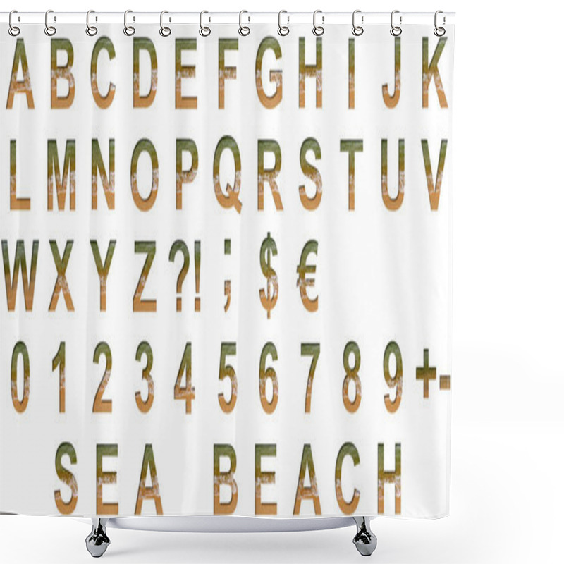 Personality  Sea Shore Font. Alphabet Letters ABCDEFGHIJKLMNOPQRSTUVWXYZ And Digits 1234567890 Set Cut Out Of Paper On A Background Of The Beach Of Seashore With Coarse Sand And Emerald Water. Shower Curtains