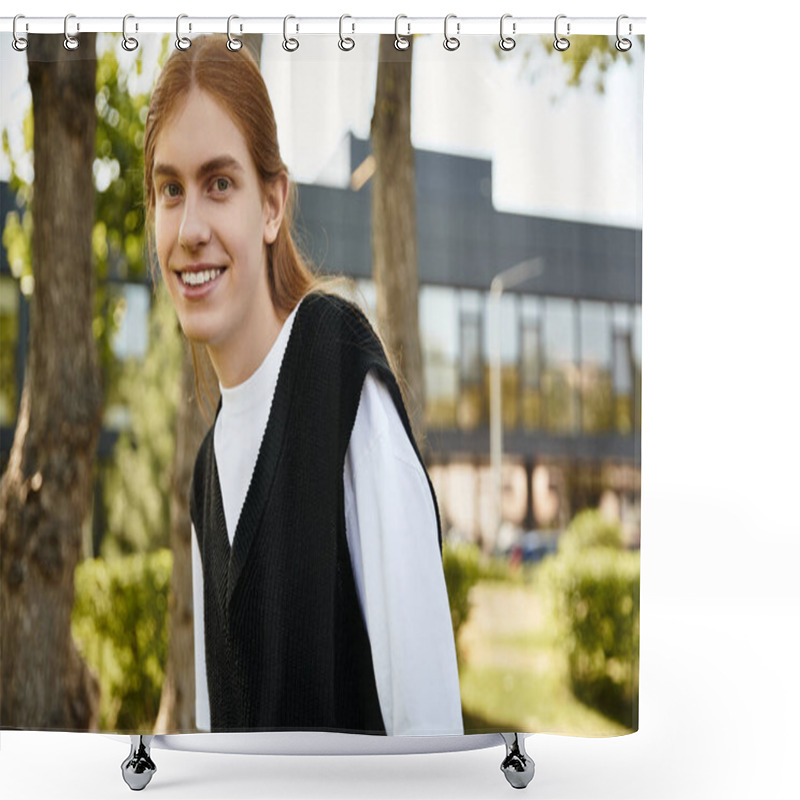 Personality  A Cheerful Young Man Stands Among Trees, Radiating Positivity And Joy In A Lively Setting. Shower Curtains