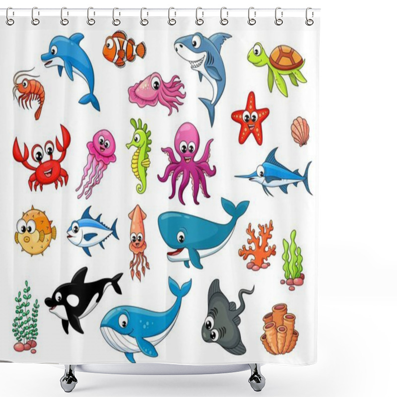 Personality  Cartoon Underwater Animals Characters, Vector Fishes Of Ocean Or Sea. Funny Undersea Fishes And Coral Reef Or Aquarium Creature, Octopus And Starfish With Dolphin, Shark And Jellyfish With Turtle Shower Curtains