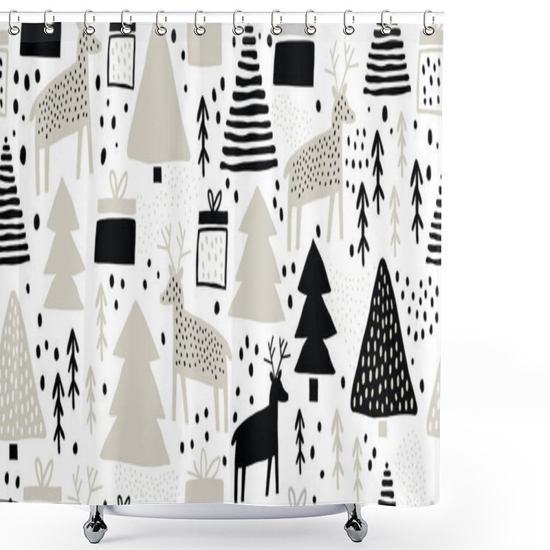 Personality  Childish Seamless Pattern With Deers And Pines Shower Curtains