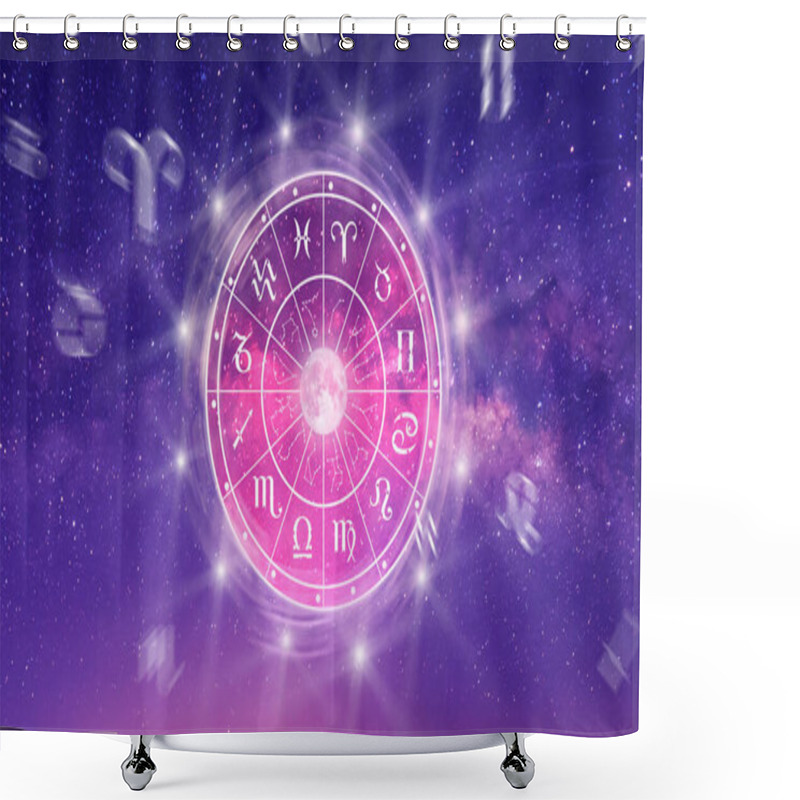 Personality  Astrological Zodiac Signs Inside Of Horoscope Circle. Astrology, Knowledge Of Stars In The Sky Over The Milky Way And Moon. The Power Of The Universe Concept. Shower Curtains