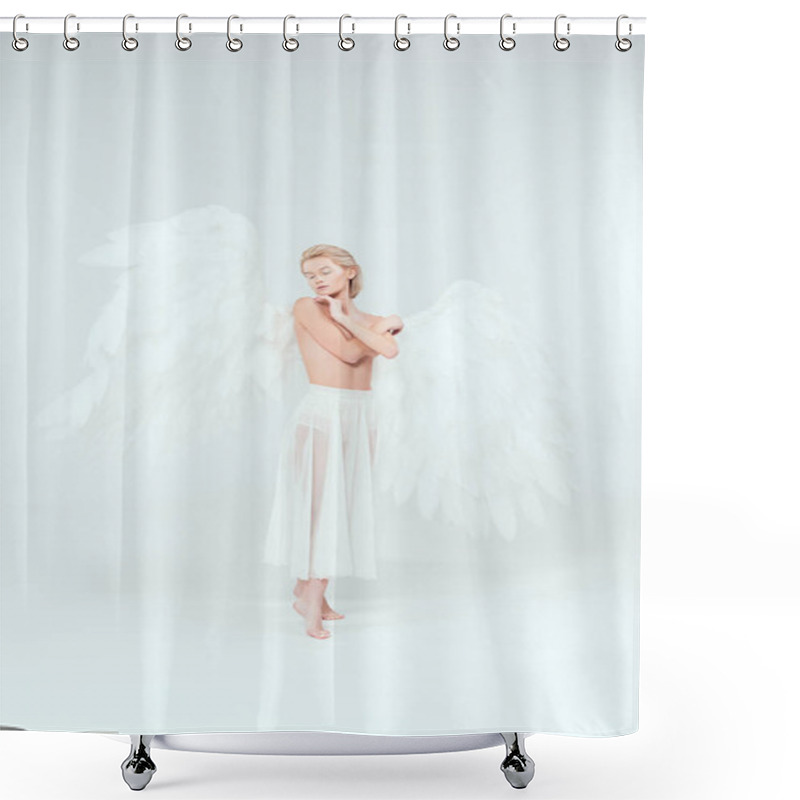 Personality  Beautiful Woman With Angel Wings Covering Breasts And Posing With Eyes Closed Isolated On White Shower Curtains